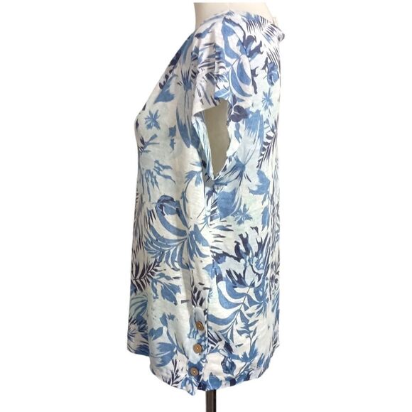 C&C California Linen Top S Floral Blue White Button Detail Cap Sleeve Bohemian. - Picture 6 of 16